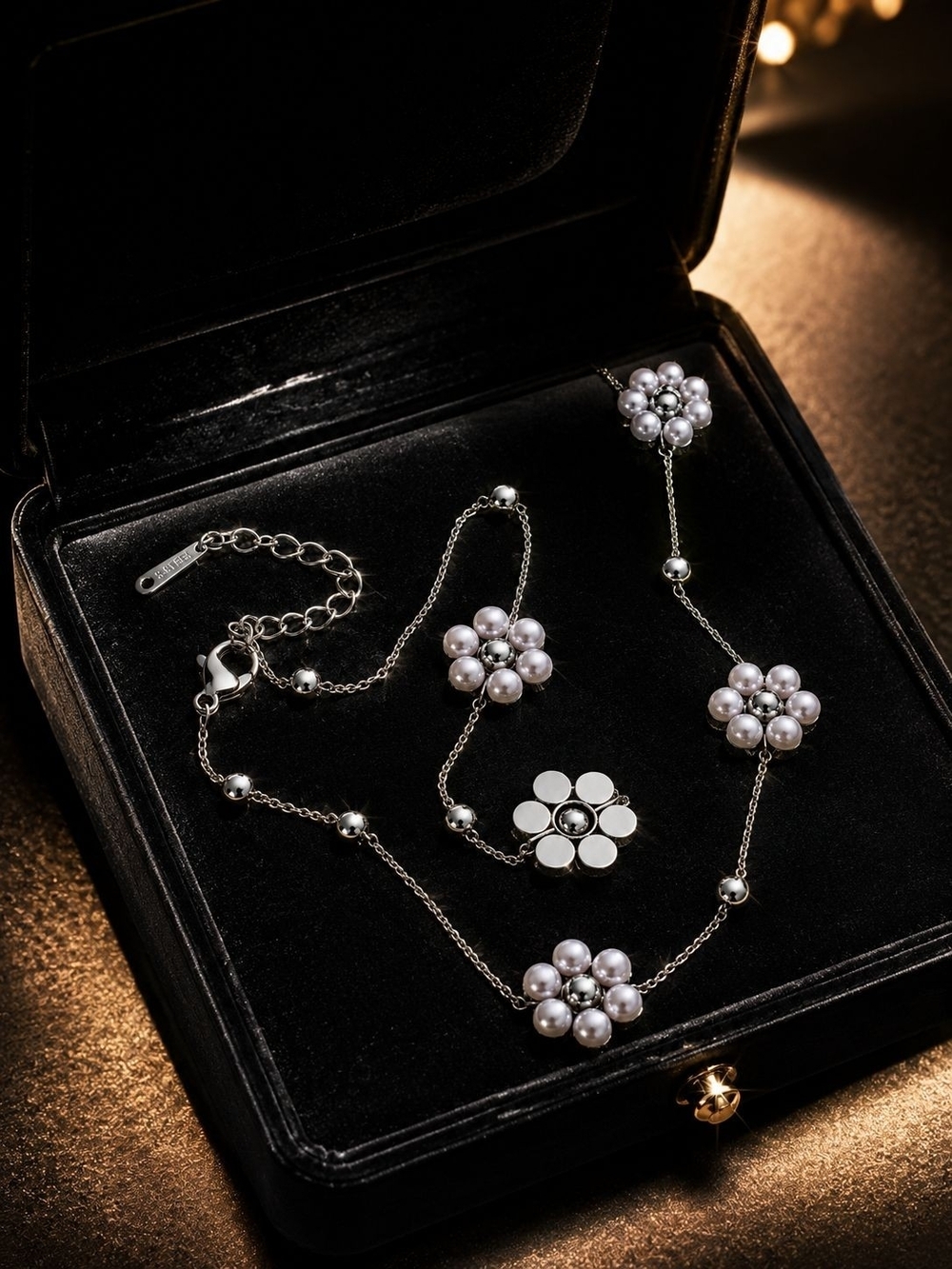 Silver and White Pearl Flower Station Necklace - Picture 5 of 5